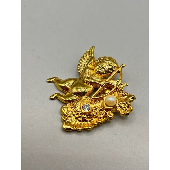 Vintage Gold Tone Cupid with Arrow Angel Brooch with Pearl & Rhinestone Accents - Picture 4 of 6